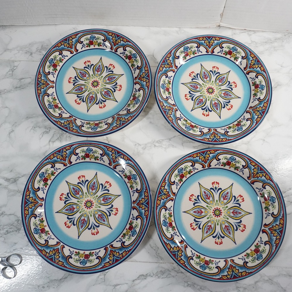 Euro Ceramica Zanzibar Dinner Plates Set of 4 Multicolor Floral 10.5 in Ceramic